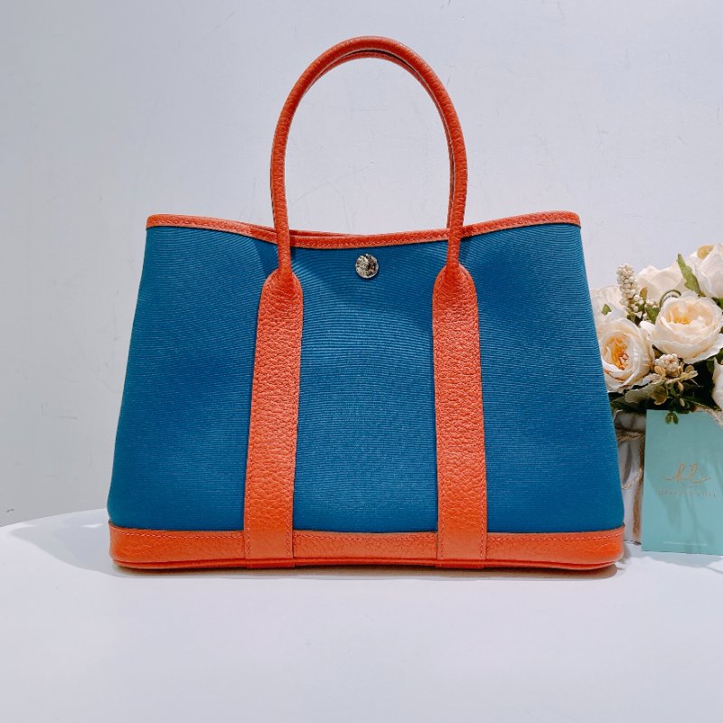TW4582 Hermes 愛馬仕 花園包 帆布 拼牛皮 Garden Party 30 Canvas Bleu Outremer x Capucine-0