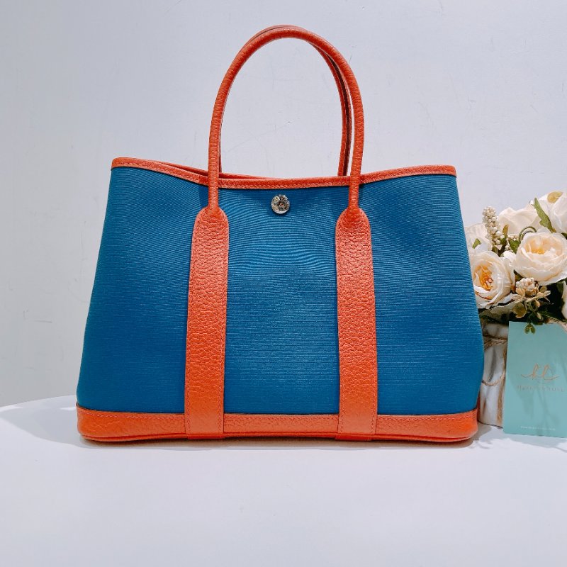 TW4582 Hermes 愛馬仕 花園包 帆布 拼牛皮 Garden Party 30 Canvas Bleu Outremer x Capucine-1