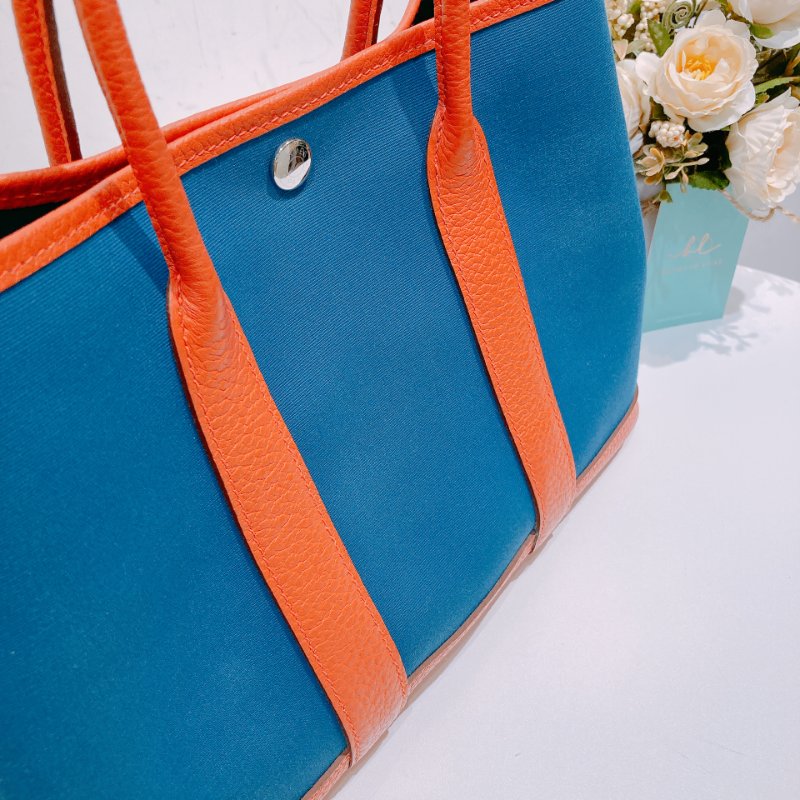 TW4582 Hermes 愛馬仕 花園包 帆布 拼牛皮 Garden Party 30 Canvas Bleu Outremer x Capucine-10
