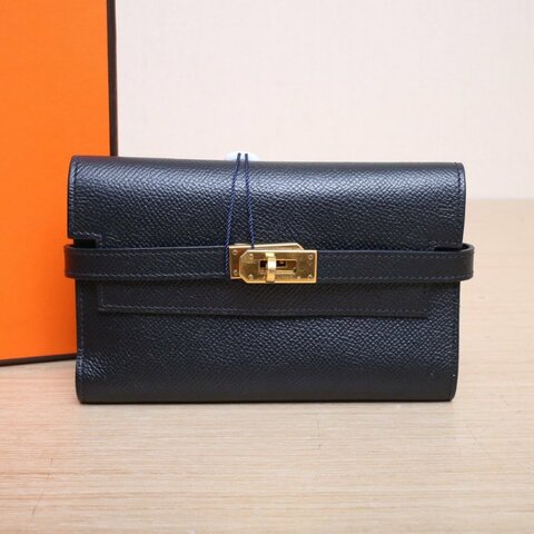 HERMES Kelly短款錢包89黑色Epsom皮A刻金扣肩背包