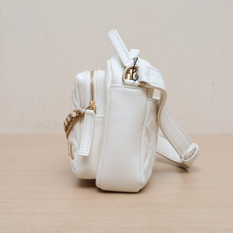 CHANEL 白色牛皮晶片開金扣22c早春雙口袋炸藥包相機包金屬鏈條郵差包肩背包-4