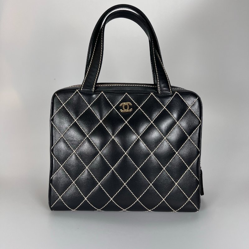 CHANEL VINTAGE菱格紋粗縫線手提包 黑牛皮-0