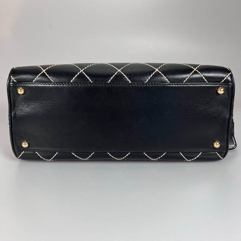 CHANEL VINTAGE菱格紋粗縫線手提包 黑牛皮-4