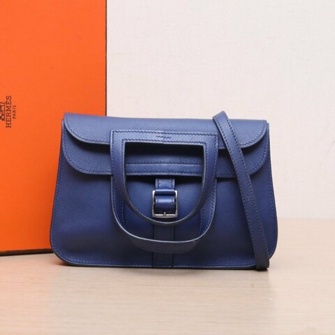 HERMES HalzanMINI2277鳶尾藍Swift皮C刻銀扣肩背包