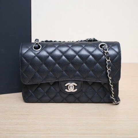 CHANEL CF口蓋包小號23黑色荔枝牛皮29開銀扣菱格紋肩背包