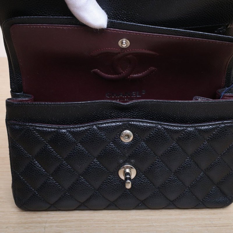 CHANEL CF口蓋包小號23黑色荔枝牛皮29開銀扣菱格紋肩背包-3