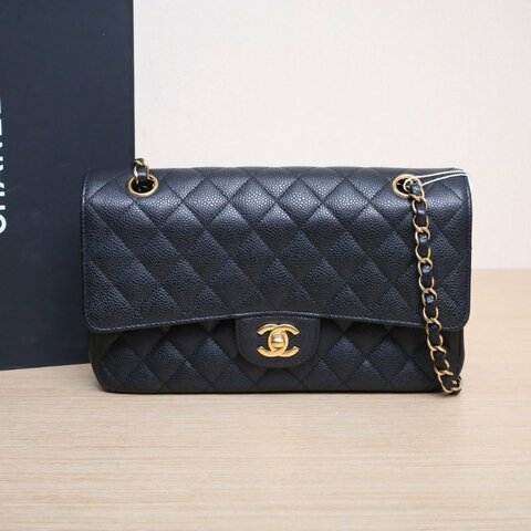 CHANEL CF口蓋包中號25.5黑色荔枝牛皮28開金扣肩背包