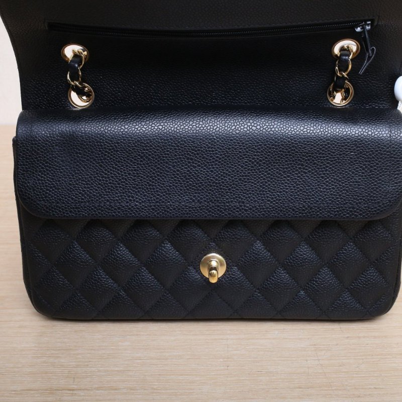 CHANEL CF口蓋包中號25.5黑色荔枝牛皮28開金扣肩背包-2