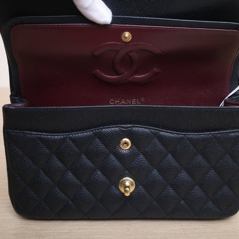 CHANEL CF口蓋包中號25.5黑色荔枝牛皮28開金扣肩背包-3