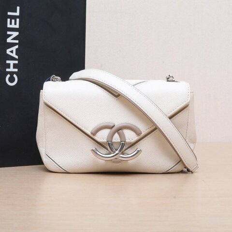 CHANEL 白色荔枝牛皮23開銀扣古巴金屬雙C翻蓋包肩背包