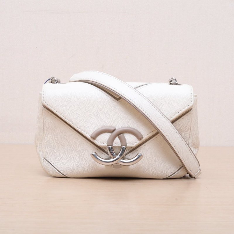 CHANEL 白色荔枝牛皮23開銀扣古巴金屬雙C翻蓋包肩背包-1