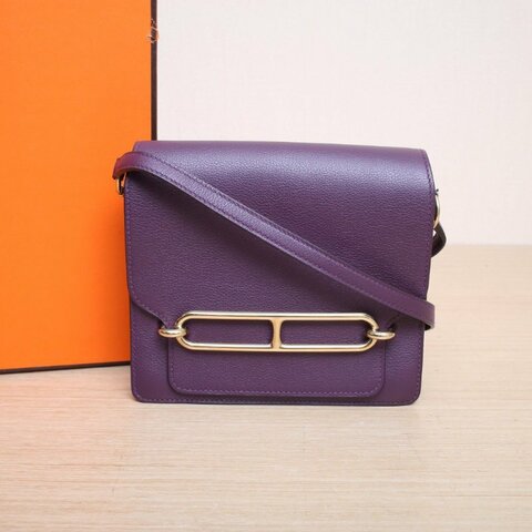 HERMES Roulis豬鼻子19N5加侖紫EC皮U刻金扣肩背包