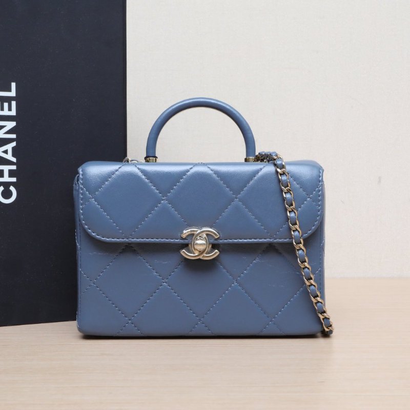 CHANEL 23K手柄醫生盒子包帶鏡子18.5藍色牛皮晶片開淺金扣金屬皮手柄肩背包-0