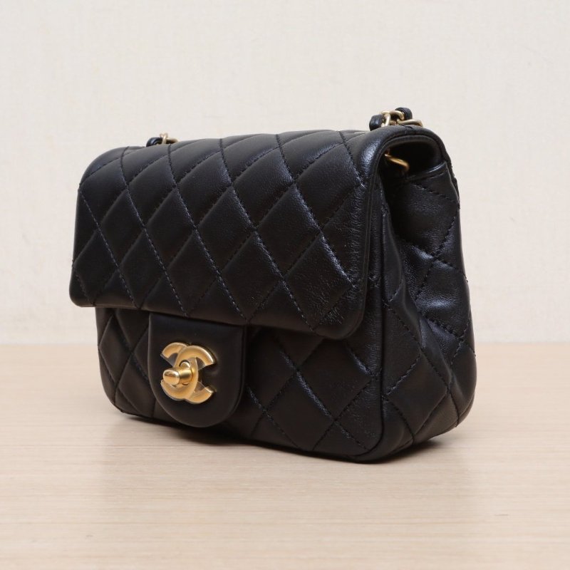 CHANEL CF口蓋包方胖子17黑色羊皮晶片開金扣金球調節扣肩帶肩背包-2