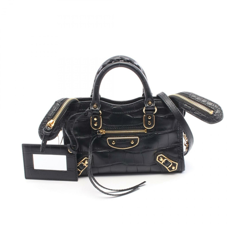 BALENCIAGA 經典金屬邊迷你城市單肩手提包,黑色皮革,二手-0