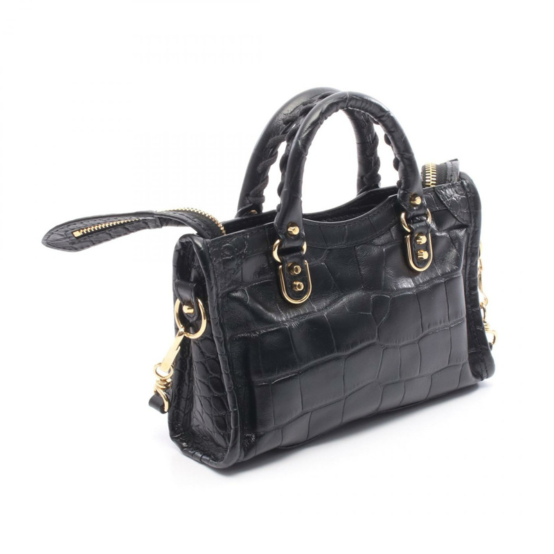 BALENCIAGA 經典金屬邊迷你城市單肩手提包,黑色皮革,二手-1