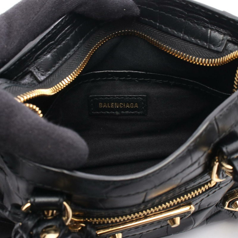 BALENCIAGA 經典金屬邊迷你城市單肩手提包,黑色皮革,二手-3