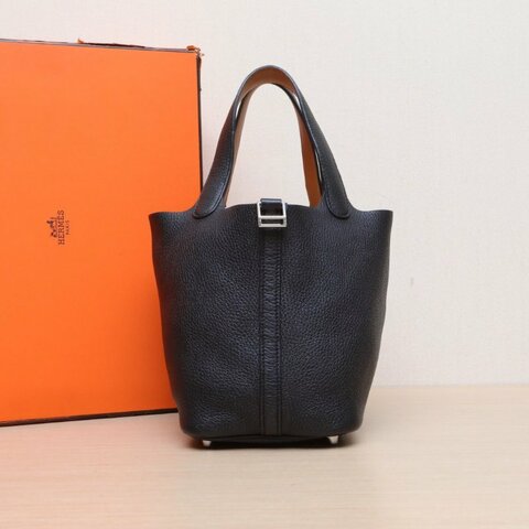 HERMES Picotin菜籃子1889黑色拼37金棕色TC皮A刻銀扣肩背包