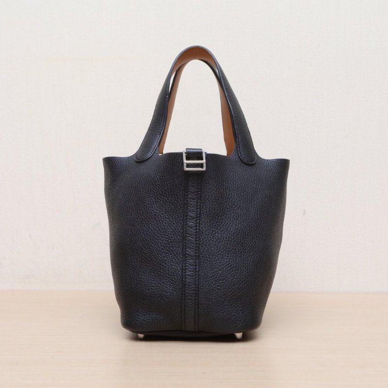 HERMES Picotin菜籃子1889黑色拼37金棕色TC皮A刻銀扣肩背包-1