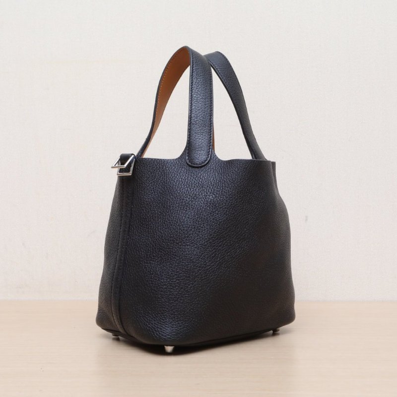 HERMES Picotin菜籃子1889黑色拼37金棕色TC皮A刻銀扣肩背包-3