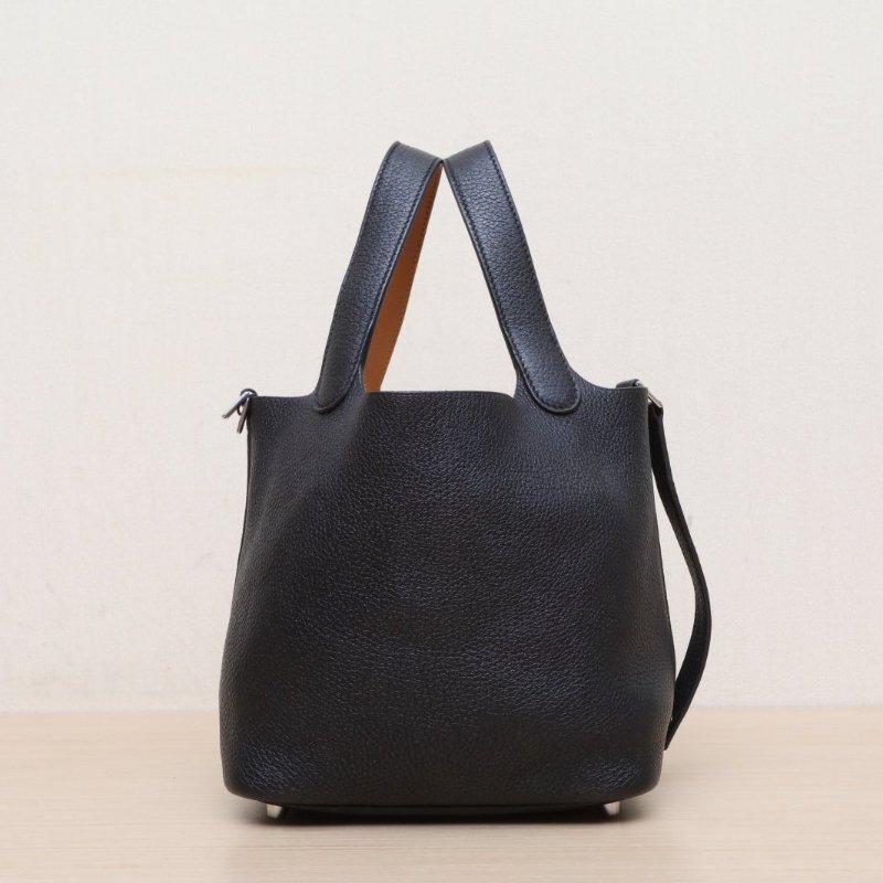 HERMES Picotin菜籃子1889黑色拼37金棕色TC皮A刻銀扣肩背包-4