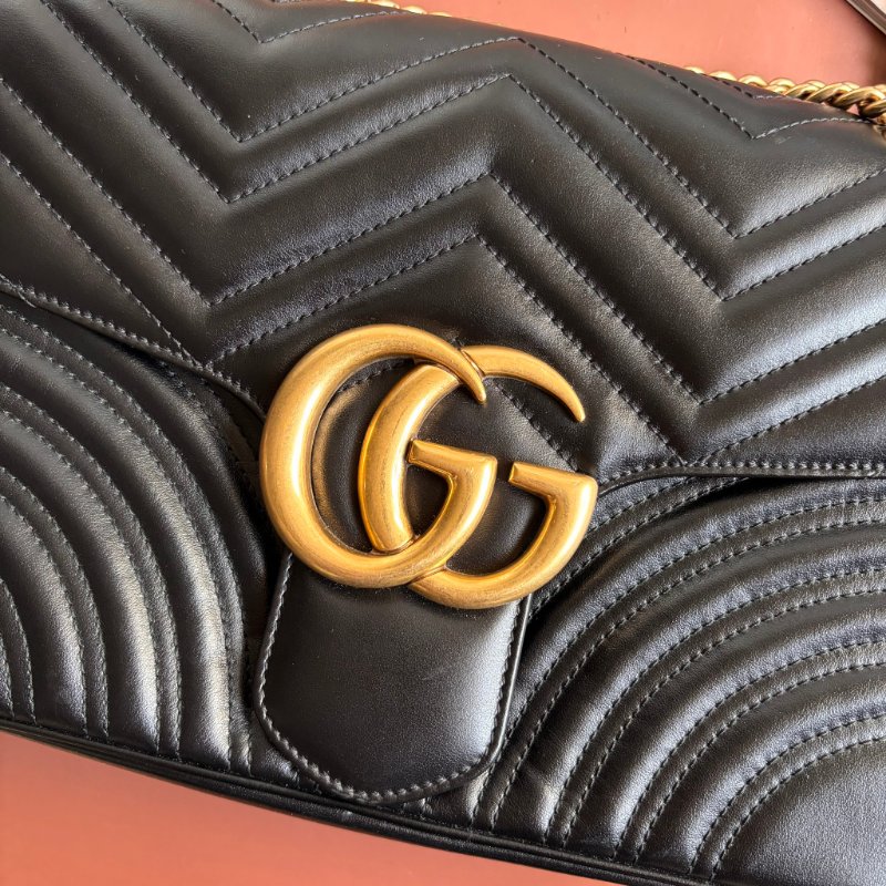 ::GUCCI:: 金屬GG Marmont 黑色皮革肩背包 斜背包 中號31公分-8