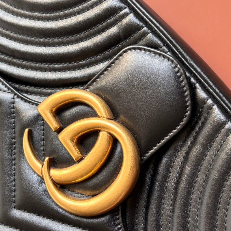 ::GUCCI:: 金屬GG Marmont 黑色皮革肩背包 斜背包 中號31公分-16