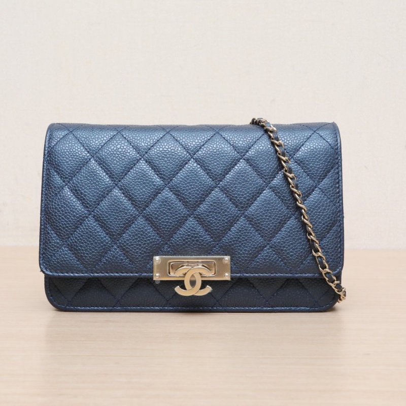 CHANEL CFWOC雙C金屬搭扣藍色荔枝牛皮25開金扣肩背包-1