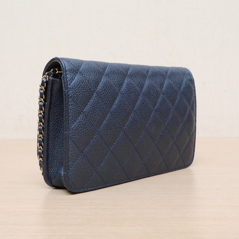 CHANEL CFWOC雙C金屬搭扣藍色荔枝牛皮25開金扣肩背包-4