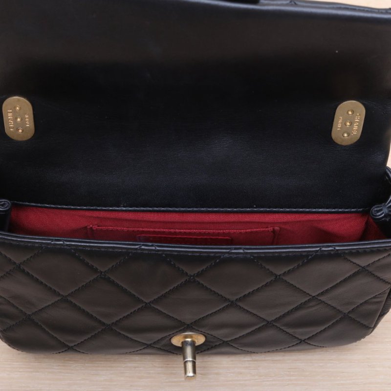 CHANEL 20B口蓋包20黑色羊皮30開金扣珍珠皮穿雙鏈肩背包-2