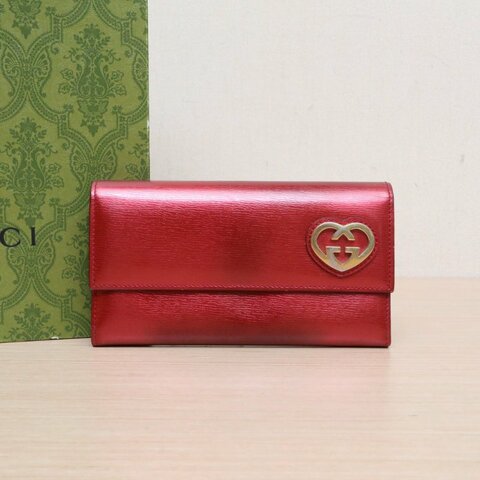 GUCCI 紅色牛皮金扣情人節限定長款錢包肩背包