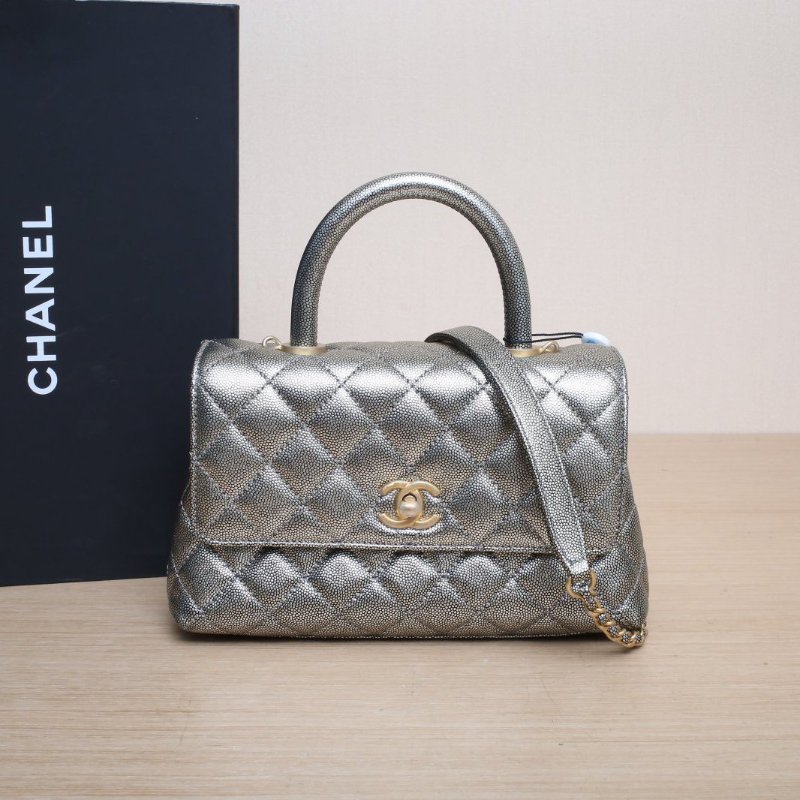 CHANEL CocoHandle小號24銀色牛皮28開金扣肩背包-0
