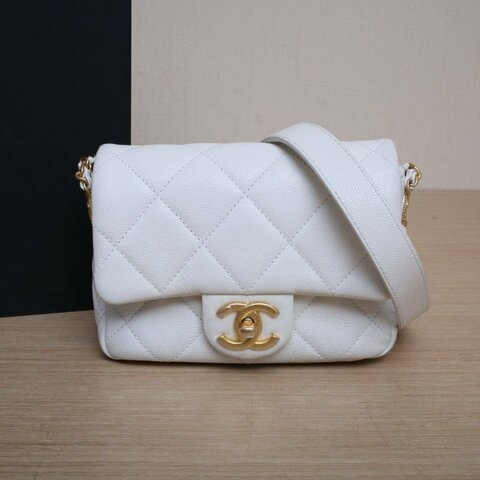 CHANEL CF口蓋包17白色荔枝牛皮晶片開金扣金幣雙皮穿鏈肩背包