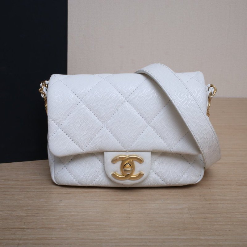 CHANEL CF口蓋包17白色荔枝牛皮晶片開金扣金幣雙皮穿鏈肩背包-0