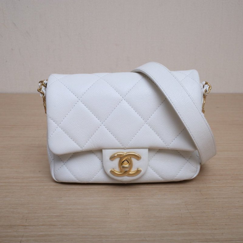 CHANEL CF口蓋包17白色荔枝牛皮晶片開金扣金幣雙皮穿鏈肩背包-1