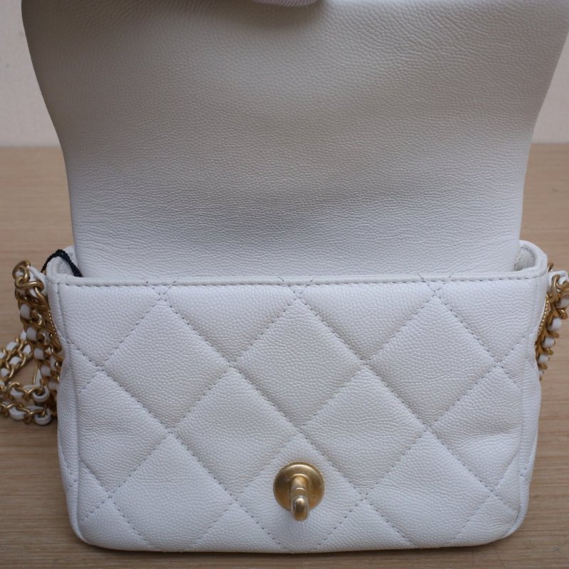 CHANEL CF口蓋包17白色荔枝牛皮晶片開金扣金幣雙皮穿鏈肩背包-2