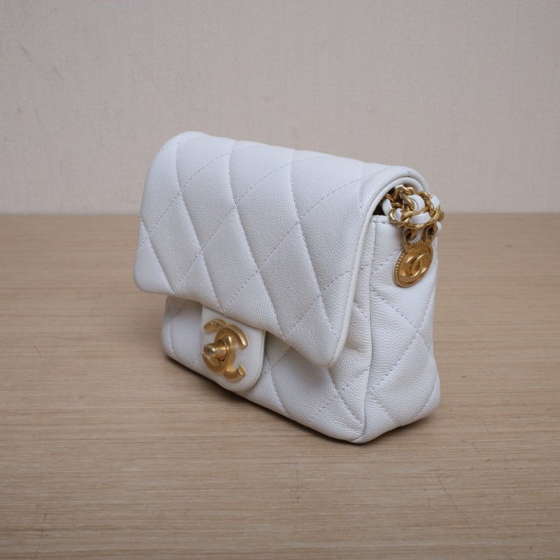 CHANEL CF口蓋包17白色荔枝牛皮晶片開金扣金幣雙皮穿鏈肩背包-4