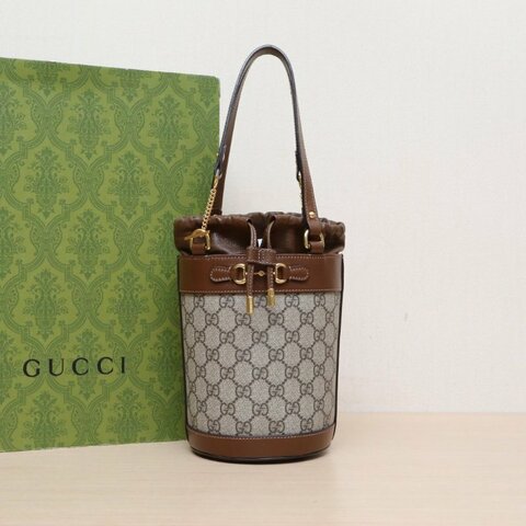 GUCCI Horsebit馬銜扣手提抽繩水桶包14烏木色PVC金扣肩背包