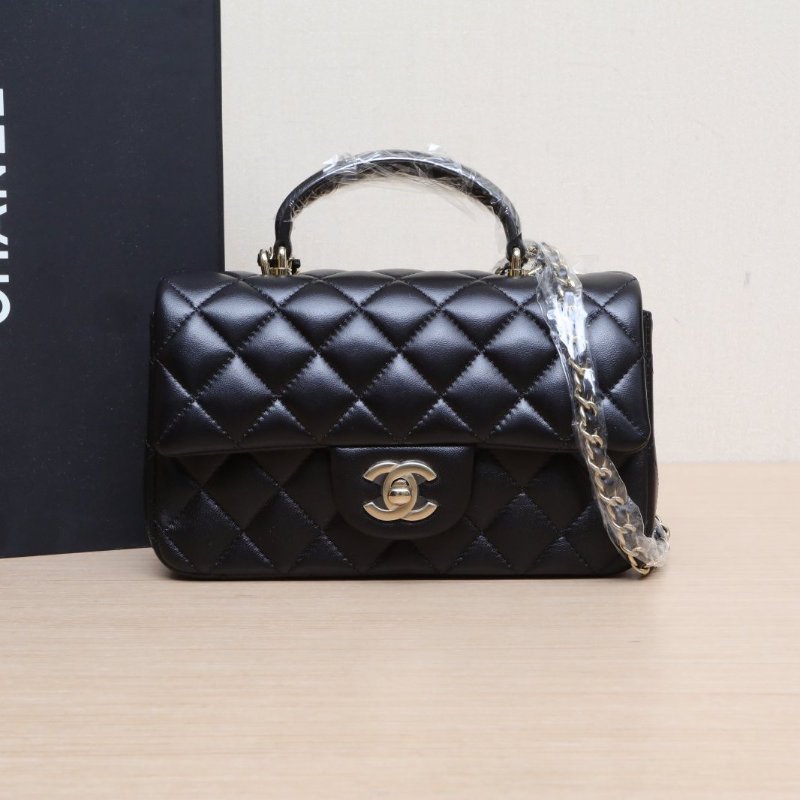 CHANEL 黑色羊皮晶片開金扣淺CF手提大mini新款硬底肩背包-0