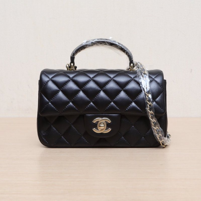 CHANEL 黑色羊皮晶片開金扣淺CF手提大mini新款硬底肩背包-1