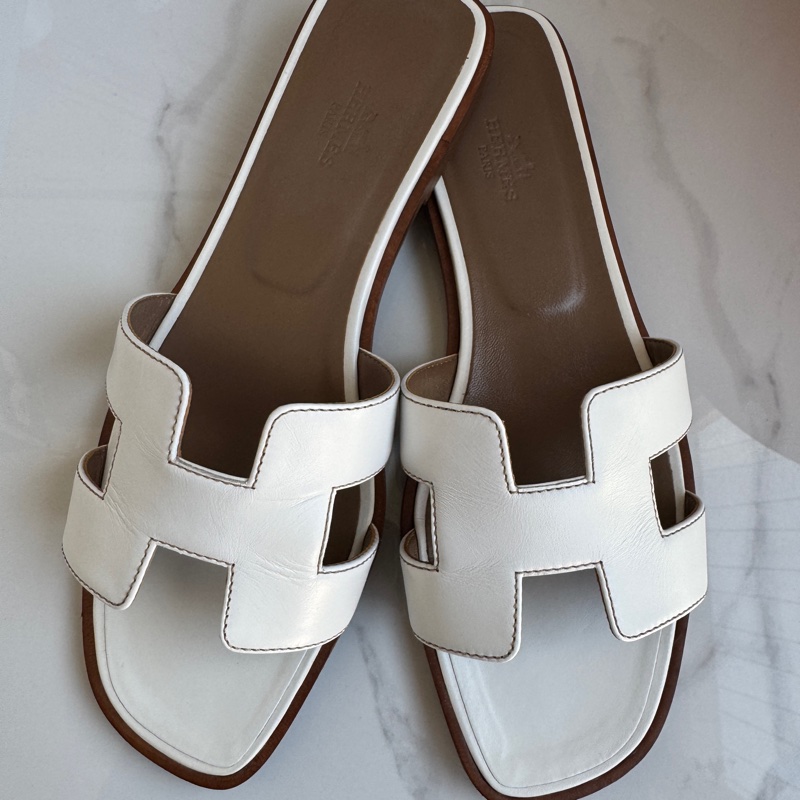 愛馬仕女士拖鞋 平底經典配色 白色配棕色 馬數38碼-0