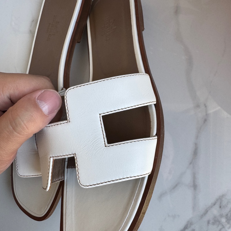 愛馬仕女士拖鞋 平底經典配色 白色配棕色 馬數38碼-1