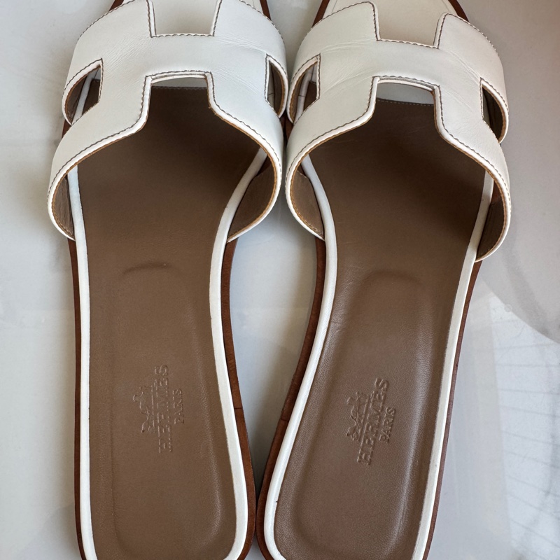 愛馬仕女士拖鞋 平底經典配色 白色配棕色 馬數38碼-6