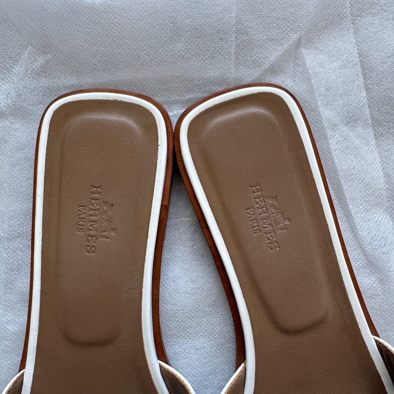 愛馬仕女士拖鞋 平底經典配色 白色配棕色 馬數38碼-7