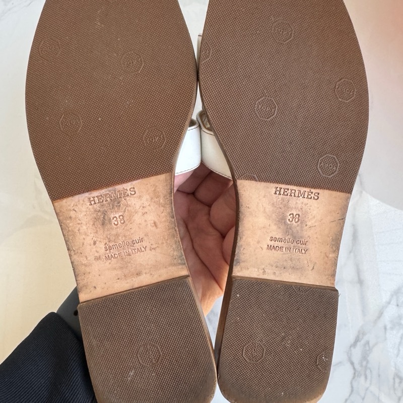 愛馬仕女士拖鞋 平底經典配色 白色配棕色 馬數38碼-10