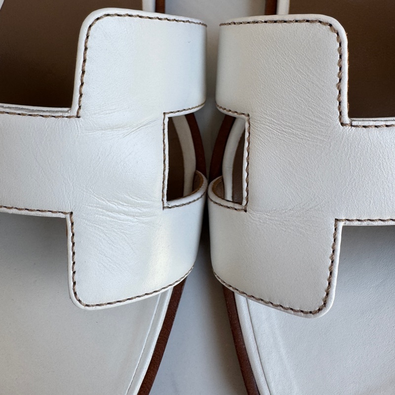 愛馬仕女士拖鞋 平底經典配色 白色配棕色 馬數38碼-13