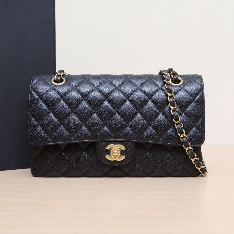 CHANEL CF口蓋包中號25.5荔枝牛皮29開黑色金扣肩背包-0
