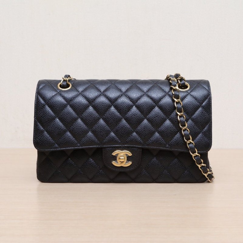 CHANEL CF口蓋包中號25.5荔枝牛皮29開黑色金扣肩背包-1