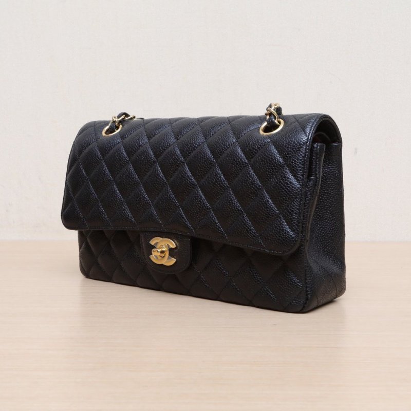 CHANEL CF口蓋包中號25.5荔枝牛皮29開黑色金扣肩背包-3