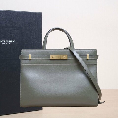 SAINT LAURENT MANHATTAN曼哈頓手柄小號綠色牛皮金扣肩背包